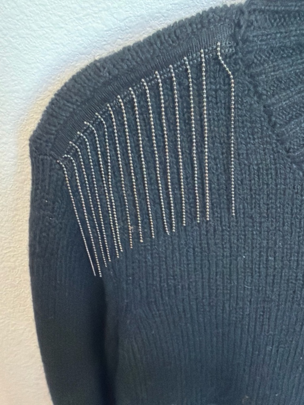 Wildfox Black Crewneck Sweater with Silver Beaded Shoulder Fringe Detail